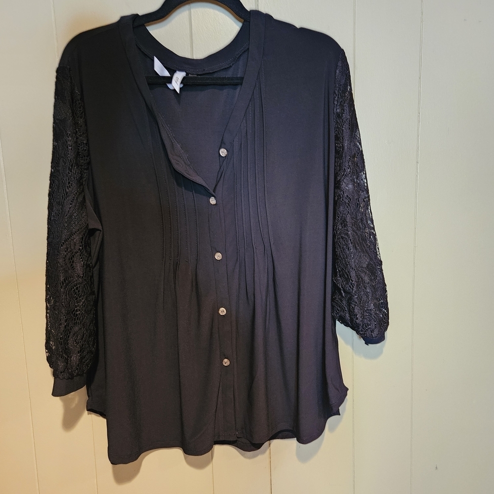 NY Collection Black Lace Sleeve Blouse 1X Plus Size Button Front Tunic, Elegant